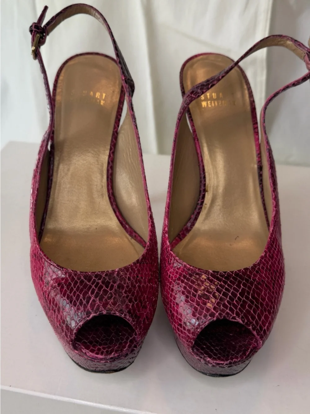 Stuart Weitzman Fuchsia Snakeskin Peep-Toe Slingback Heels